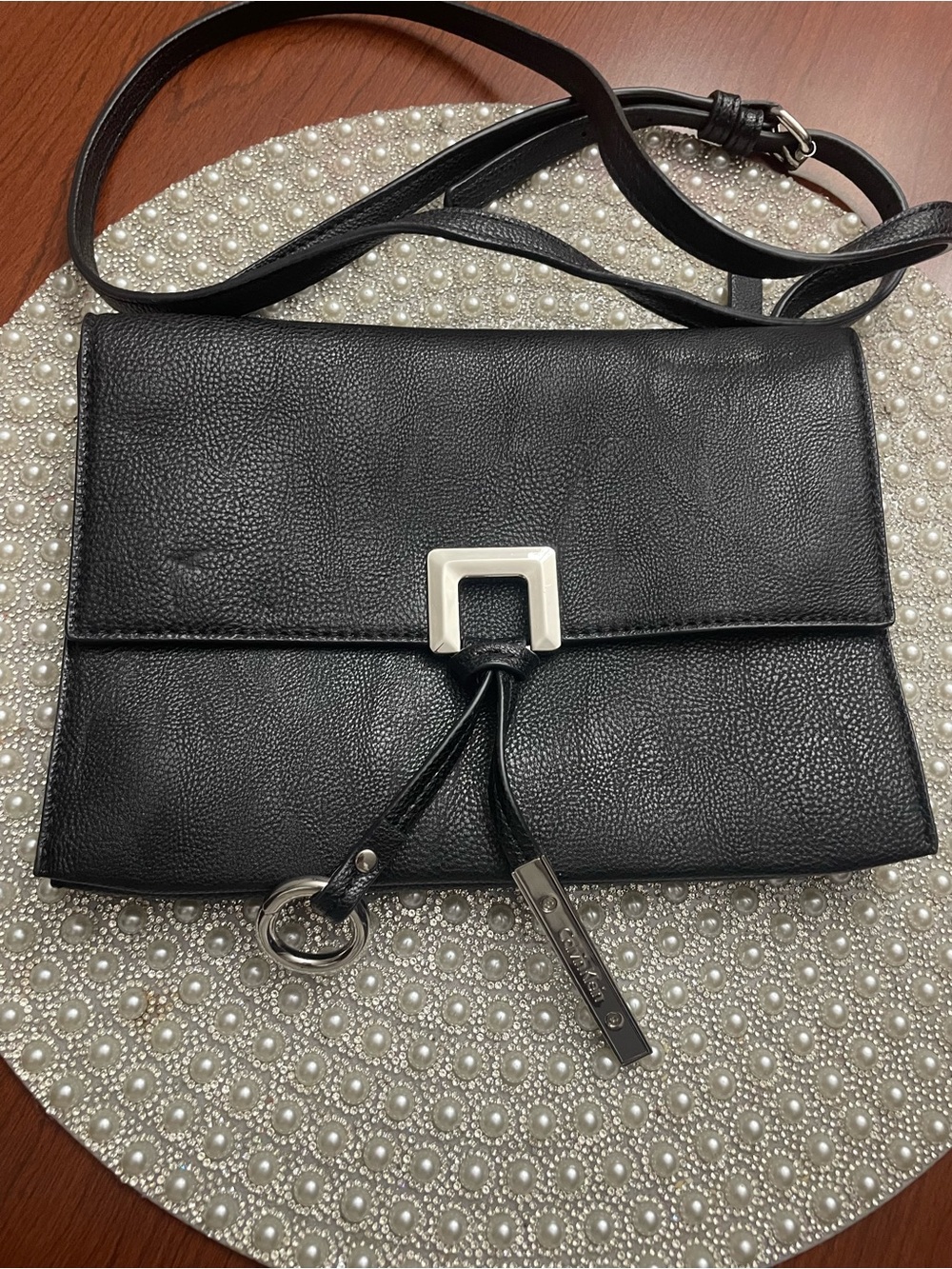 Calvin Klein Black Leather Crossbody with Silver-Tone Hardware